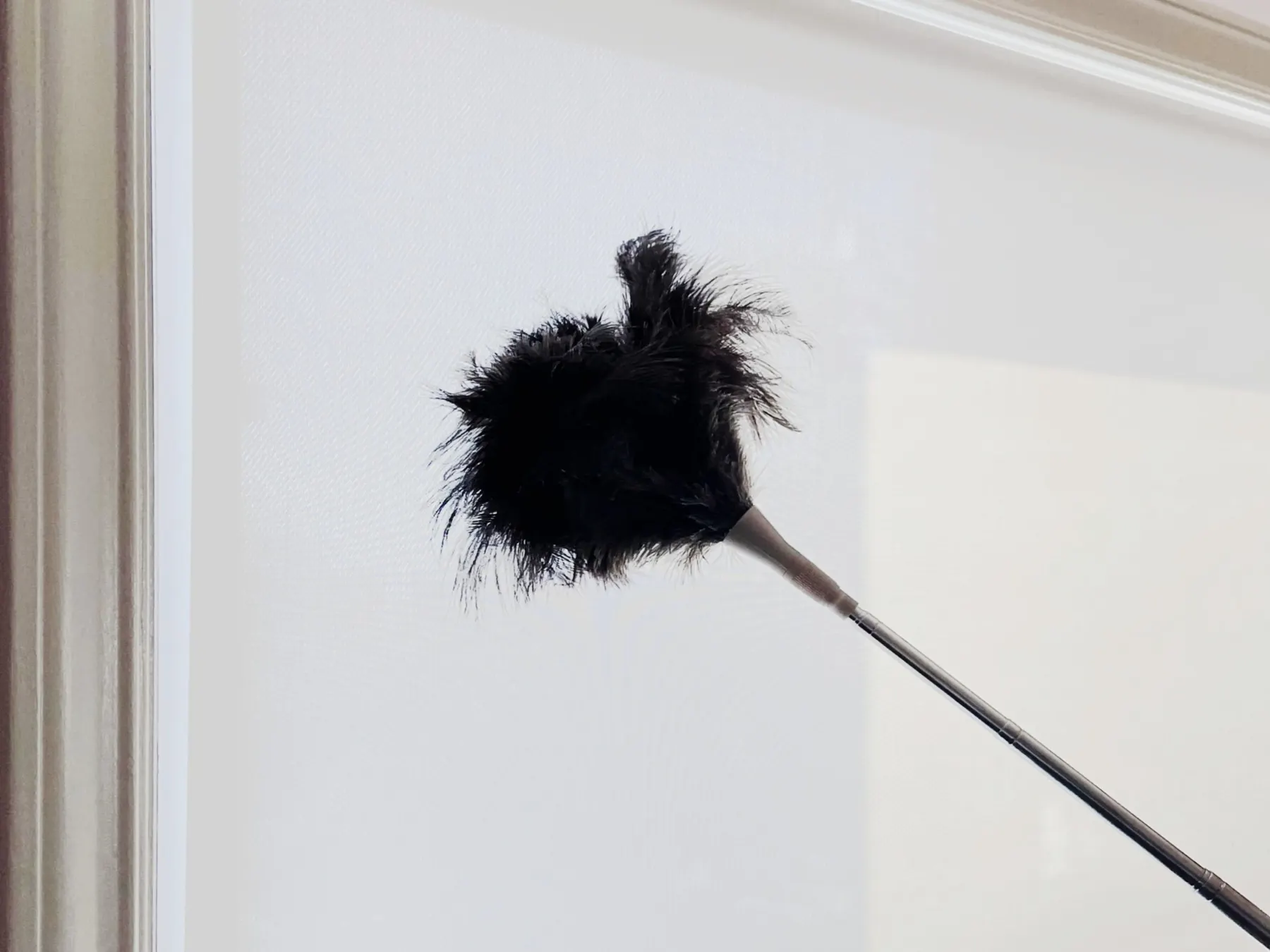 Feather duster removing surface dust from a roller shade in a Seattle home