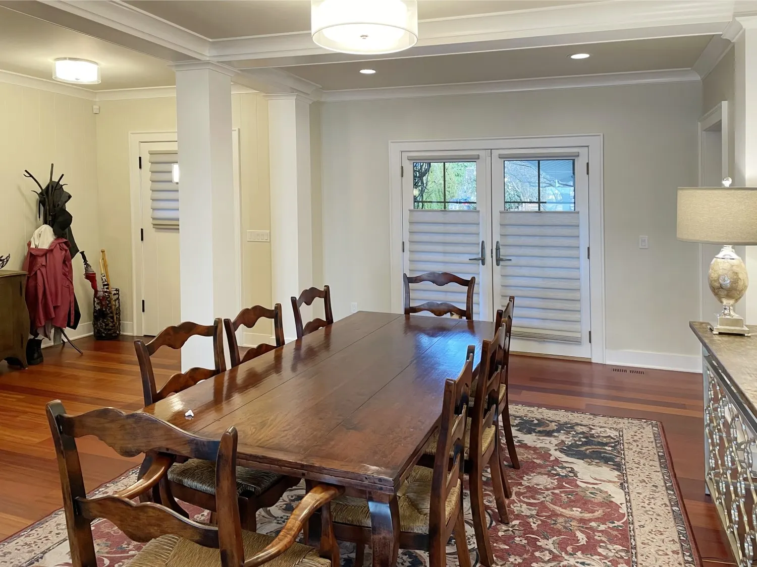 Hunter Douglas Vignette Roman shades on entry and French doors in Shoreline, WA