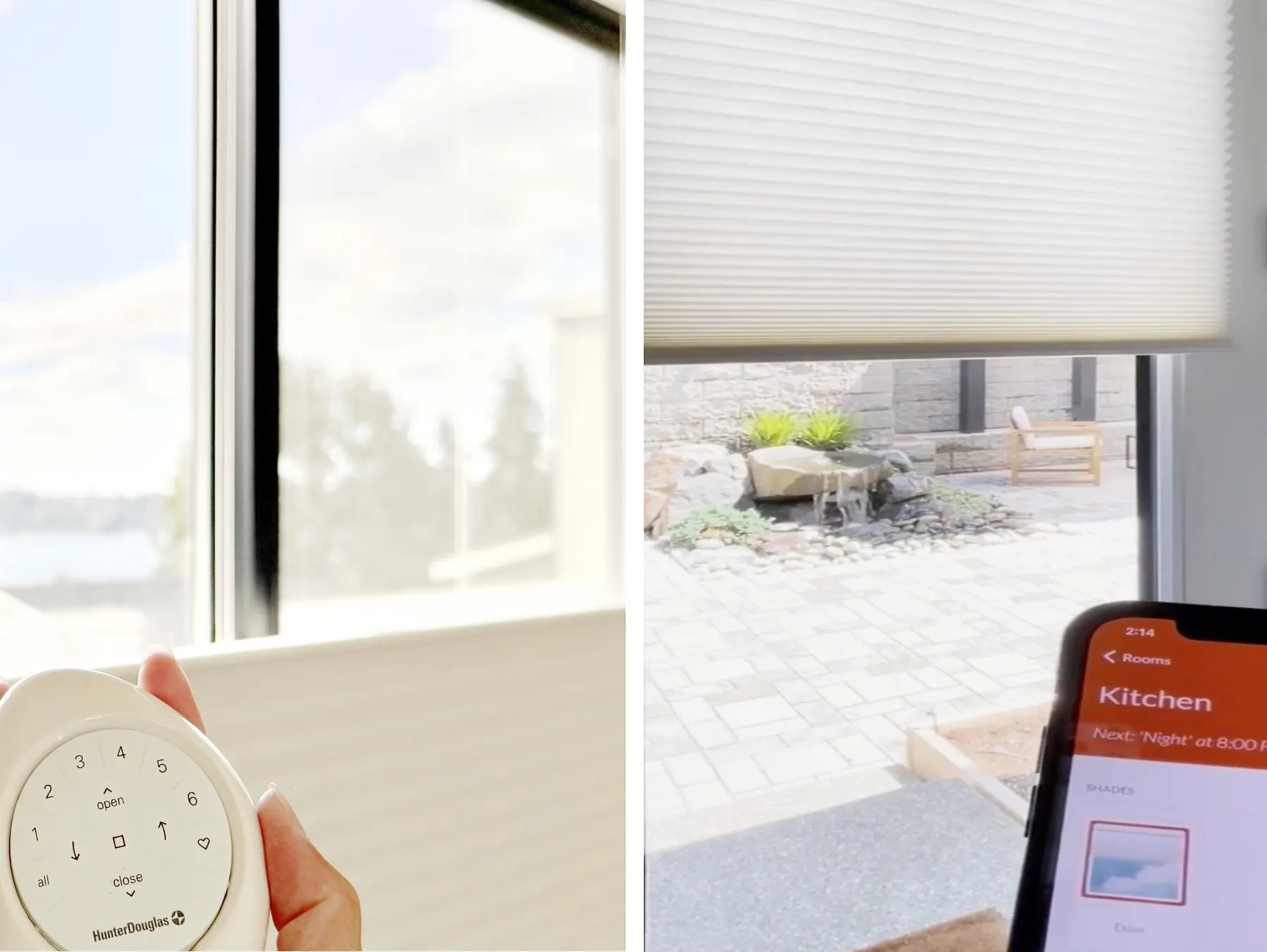 Hunter Douglas PowerView Gen 3 Pebble remote and app operating motorized honeycomb shades