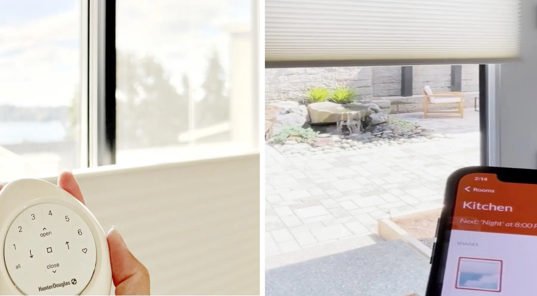 Hunter Douglas PowerView Gen 3 Pebble remote and app operating motorized honeycomb shades