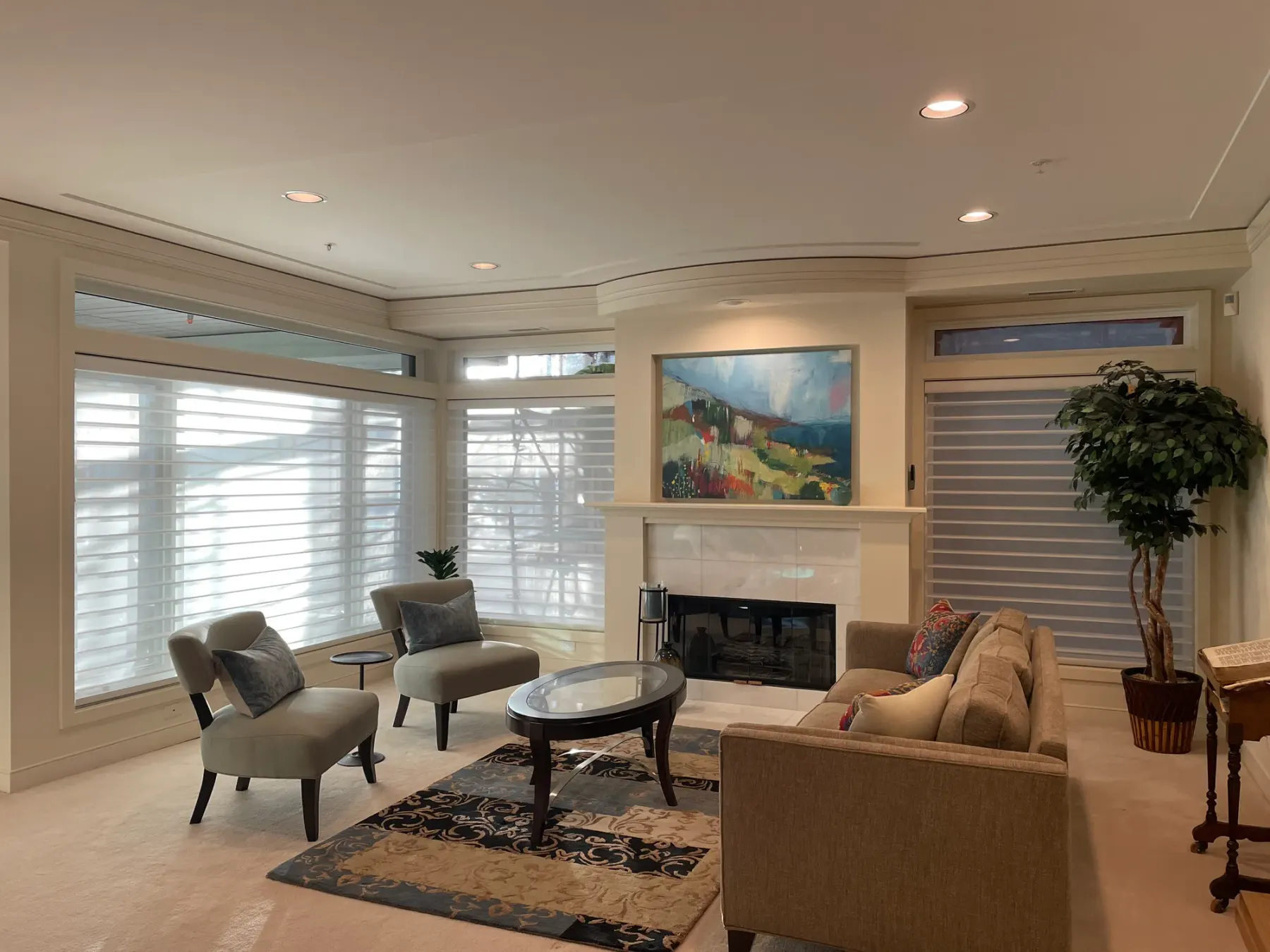 Silhouette sheer shades tilted open in a living room in Kirkland