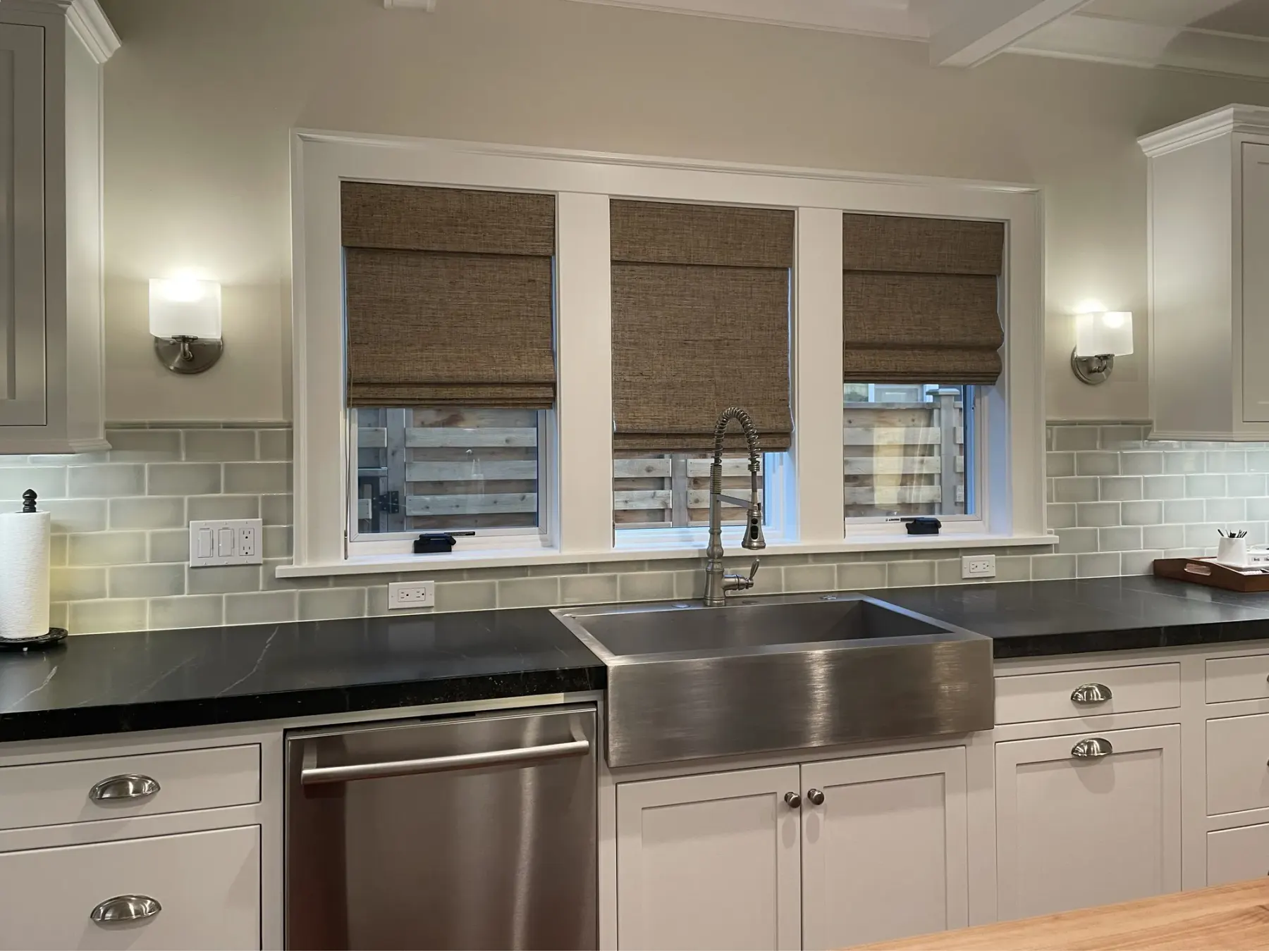 Woven wood shades for kitchen windows in Shoreline