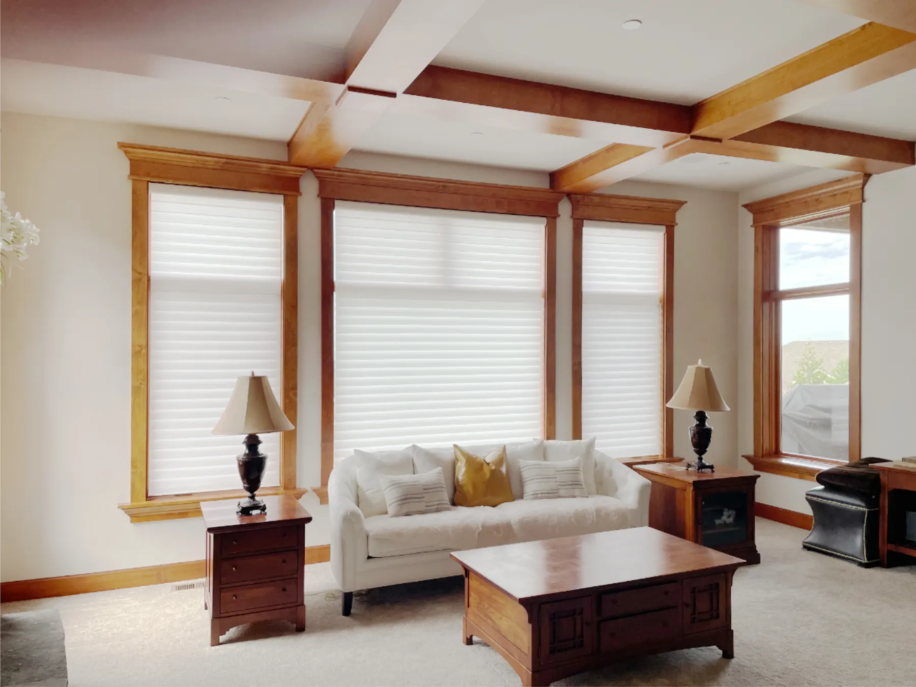 Closed motorized Silhouette sheer shades controlling sunlight in an Issaquah living room
