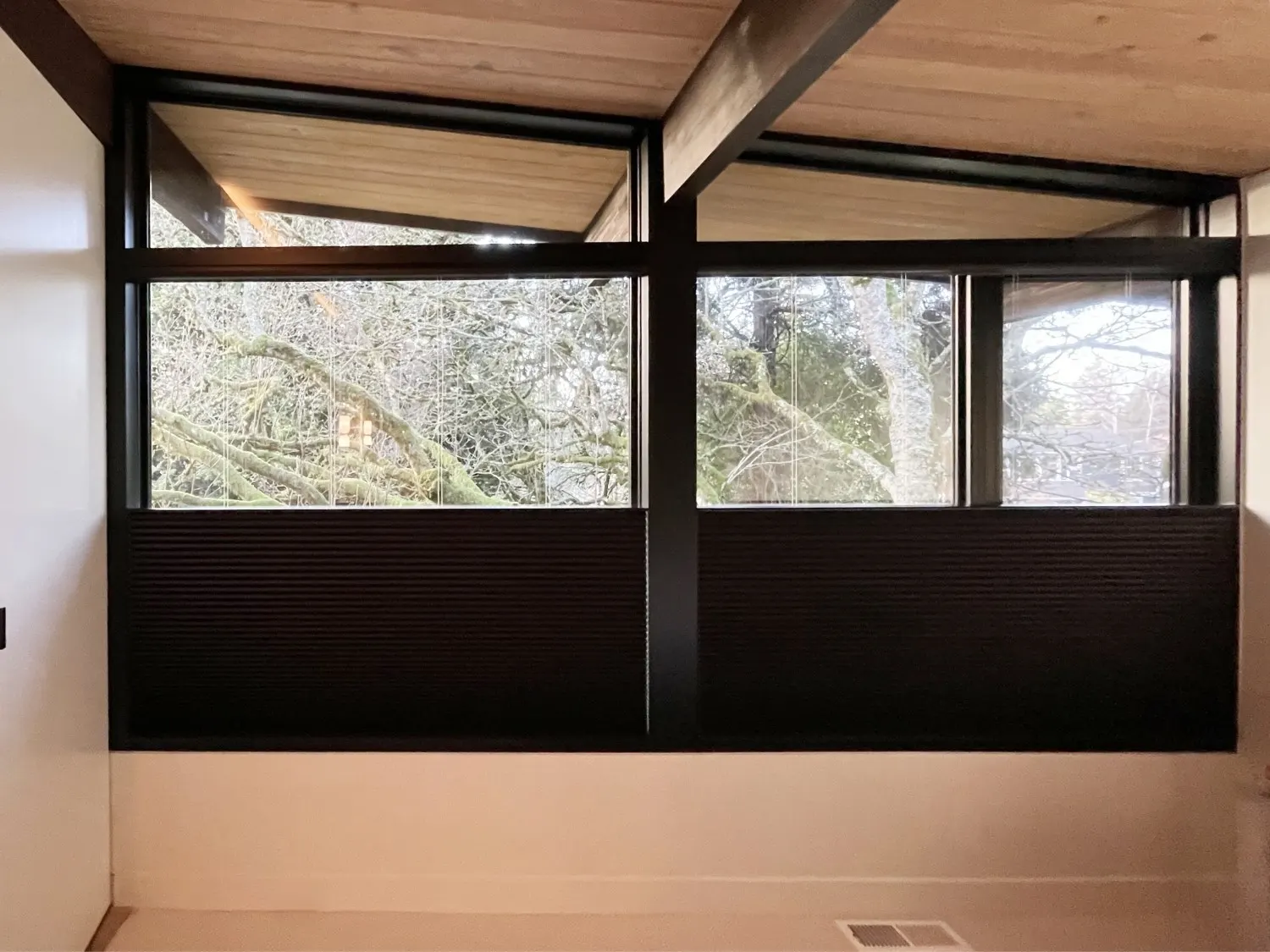 Black Top-Down/Bottom-Up honeycomb blackout shades covering the lower windows of a Mercer Island primary bedroom with a wooded view