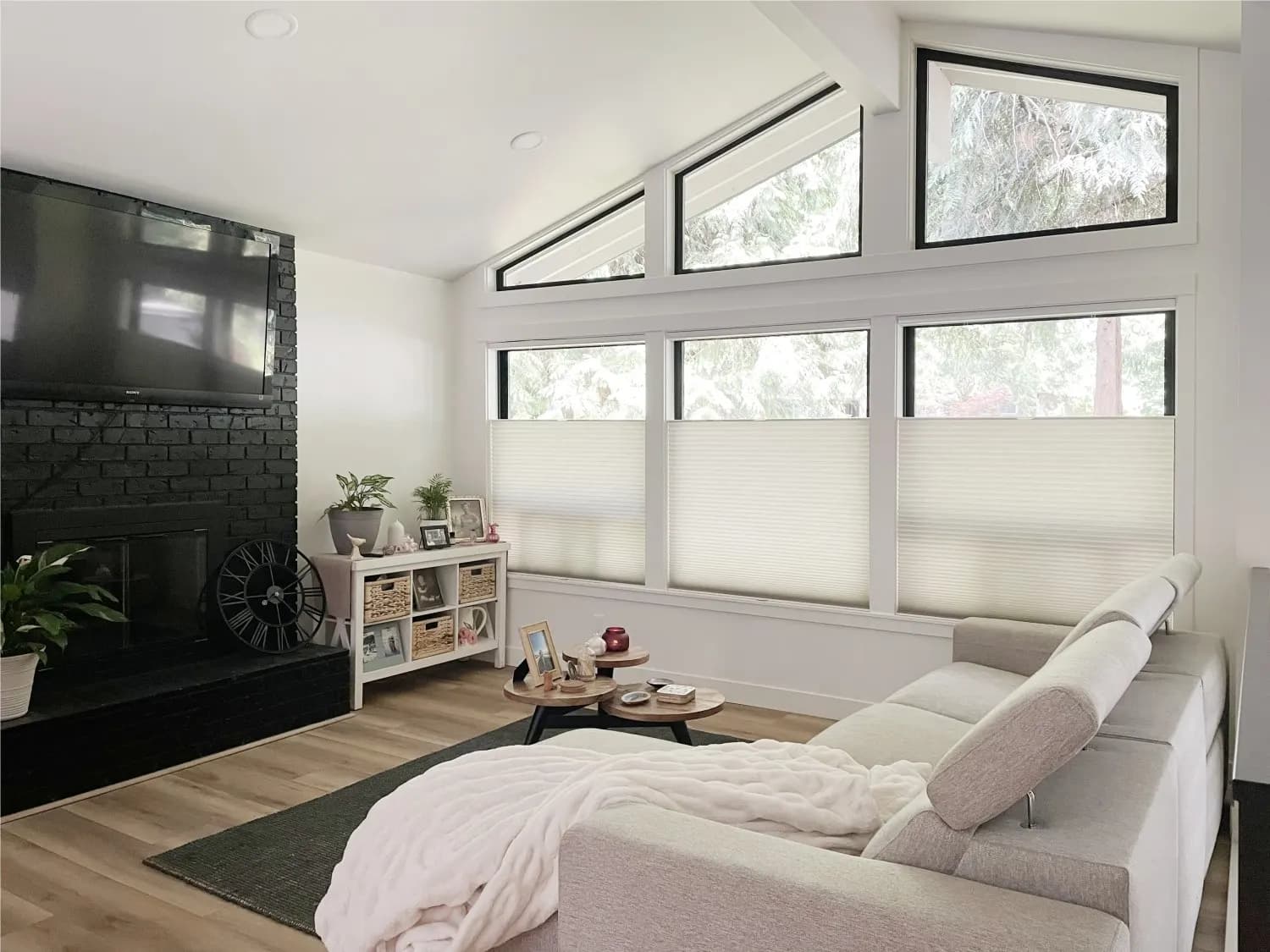 Top-Down/Bottom-Up honeycomb shades providing privacy and natural light in a Woodinville living room