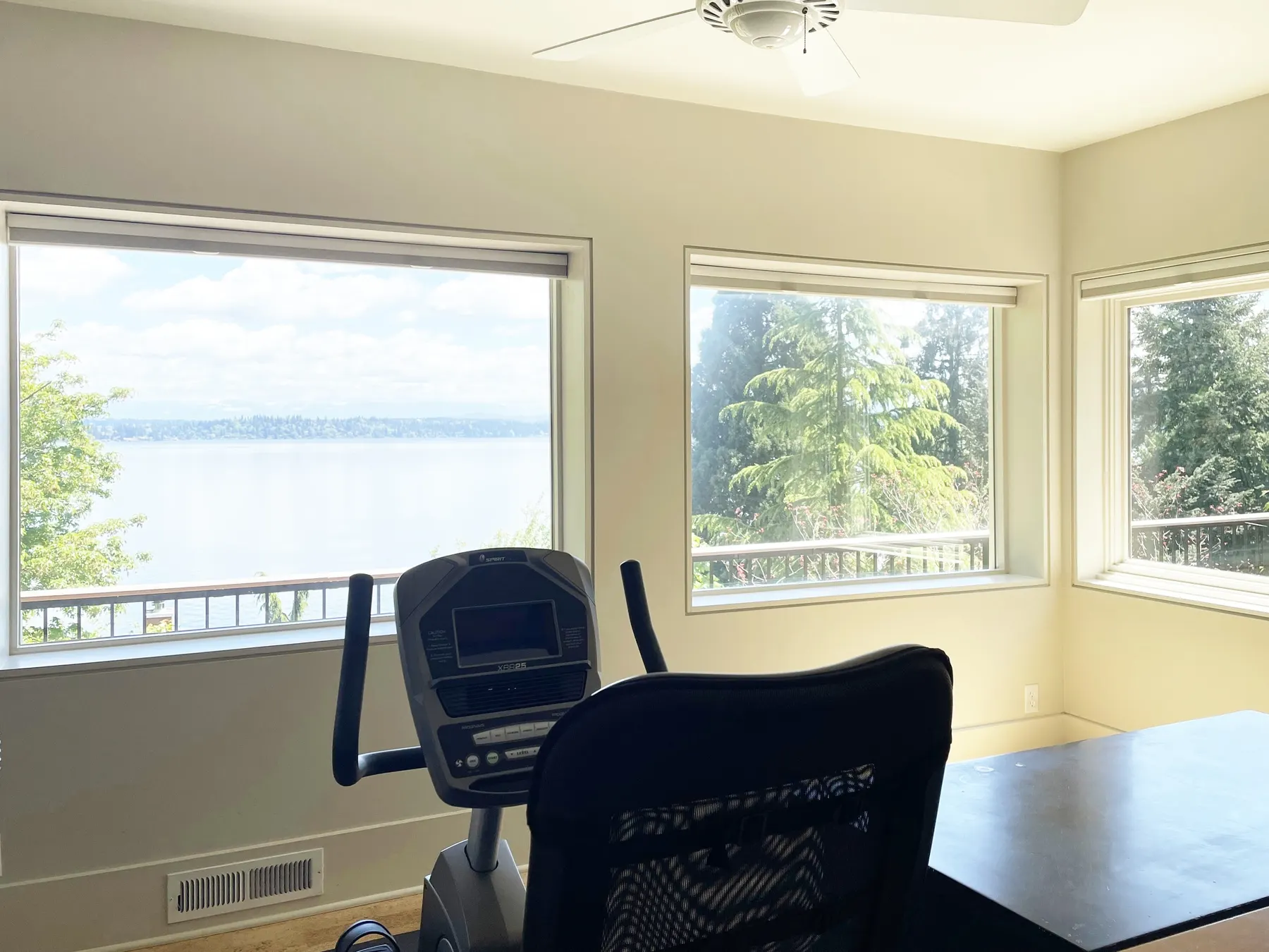 Duette Honeycomb Shades Raised for an Exercise Room in Madrona, Seattle