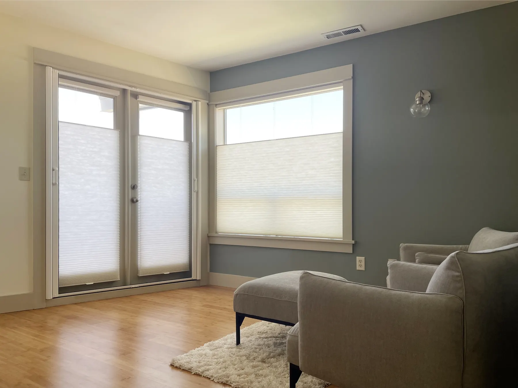 Honeycomb Shades for a French Doors and Windows in a West Seattle Sitting Room