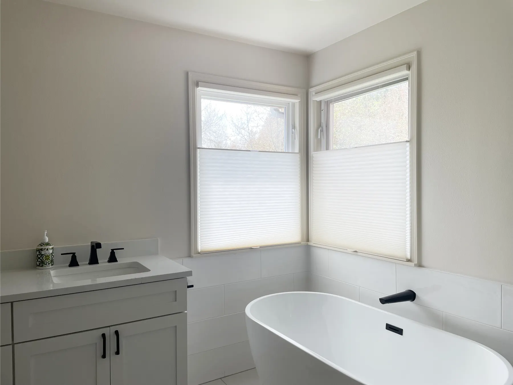 Honeycomb Shades for a Remodeled Primary Bathroom in Sammamish