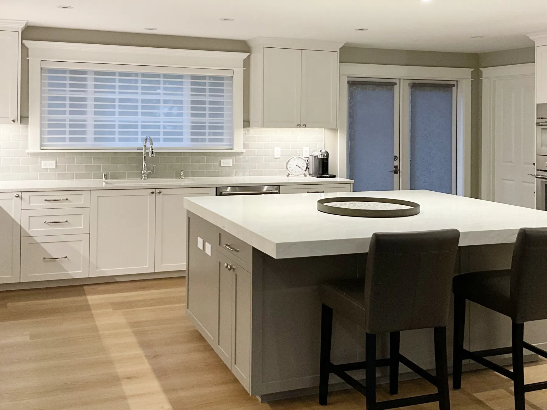Cordless roller shades on kitchen French doors in Woodinville, WA