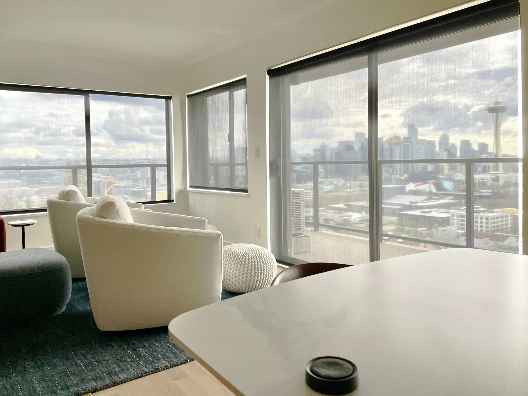 Motorized solar shades in a Queen Anne living room