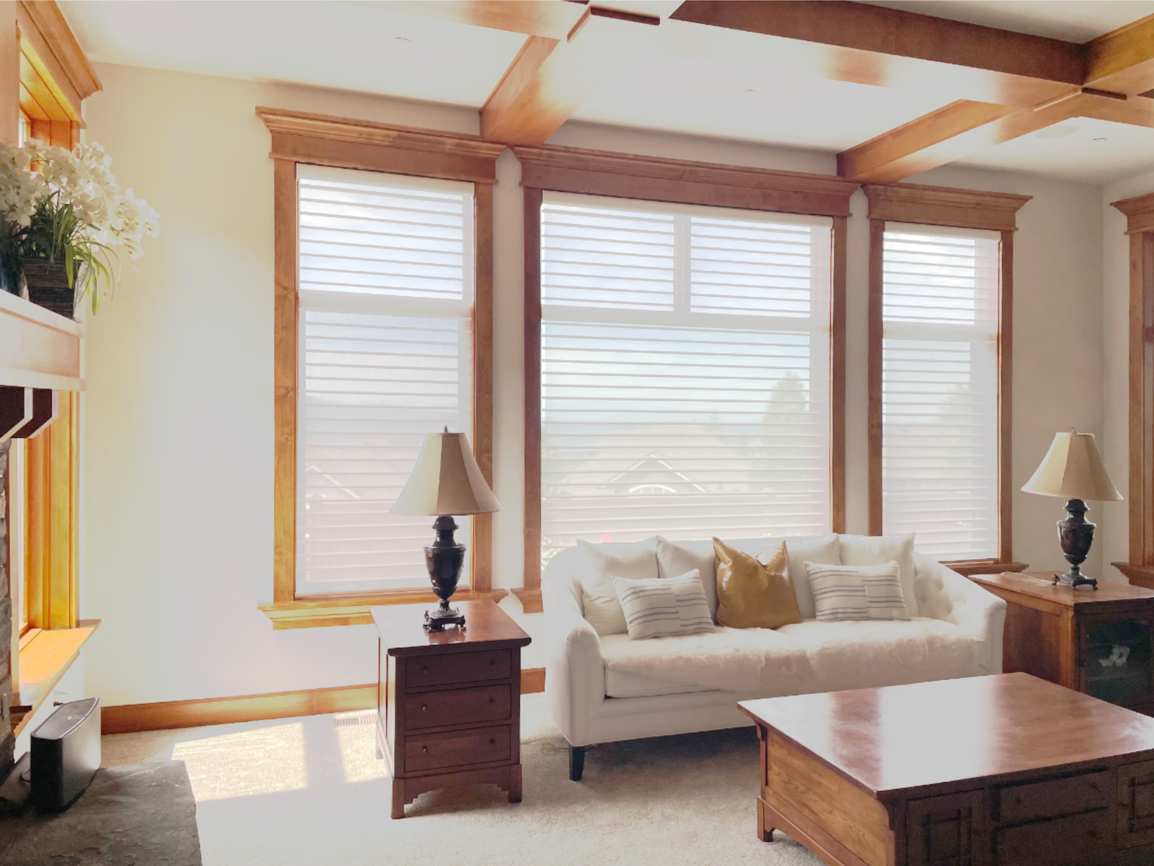 Motorized Silhouette sheer shades in an Issaquah living room