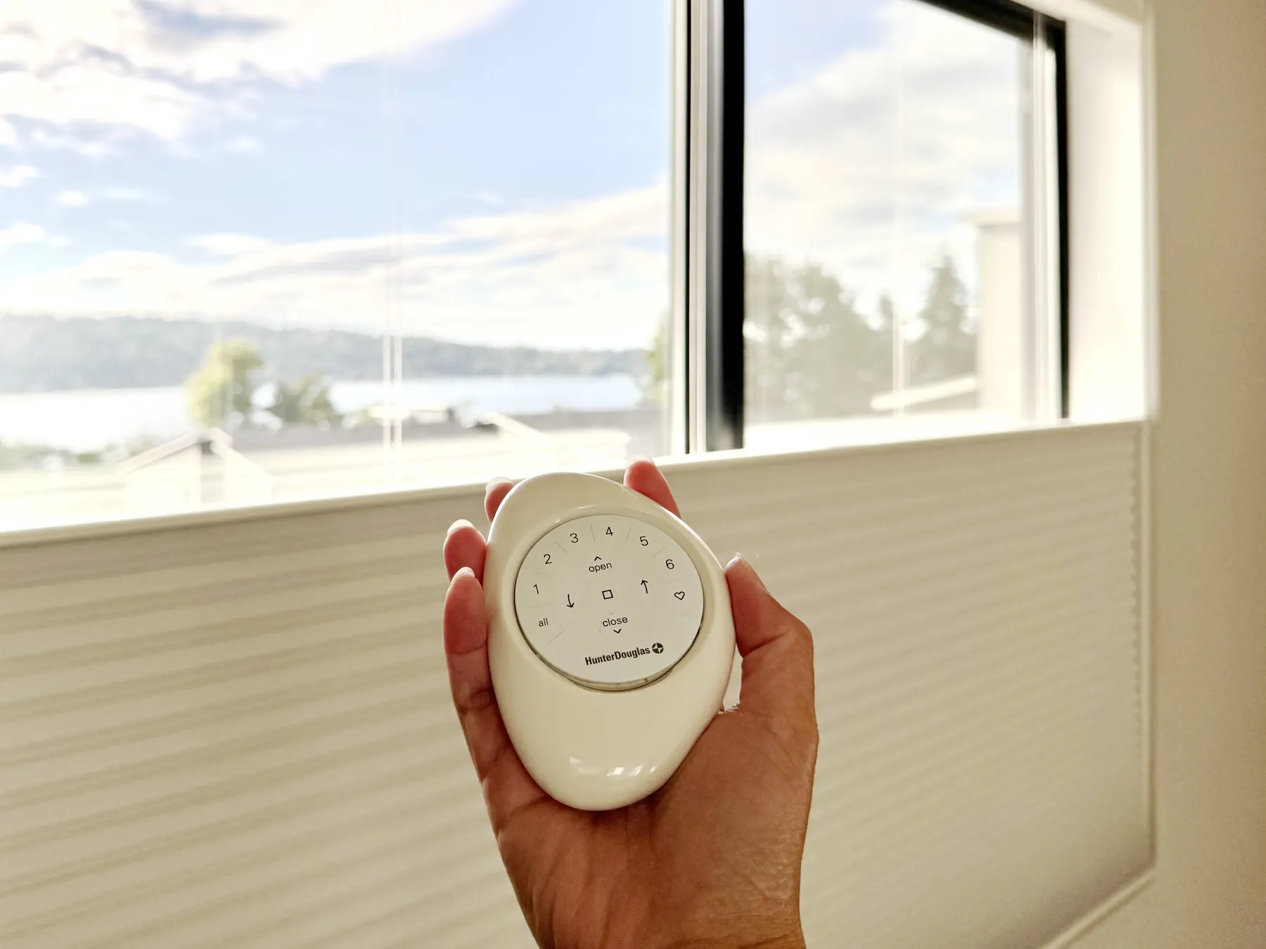 Hunter Douglas PowerView® remote controlling motorized honeycomb shades in a Bellevue home